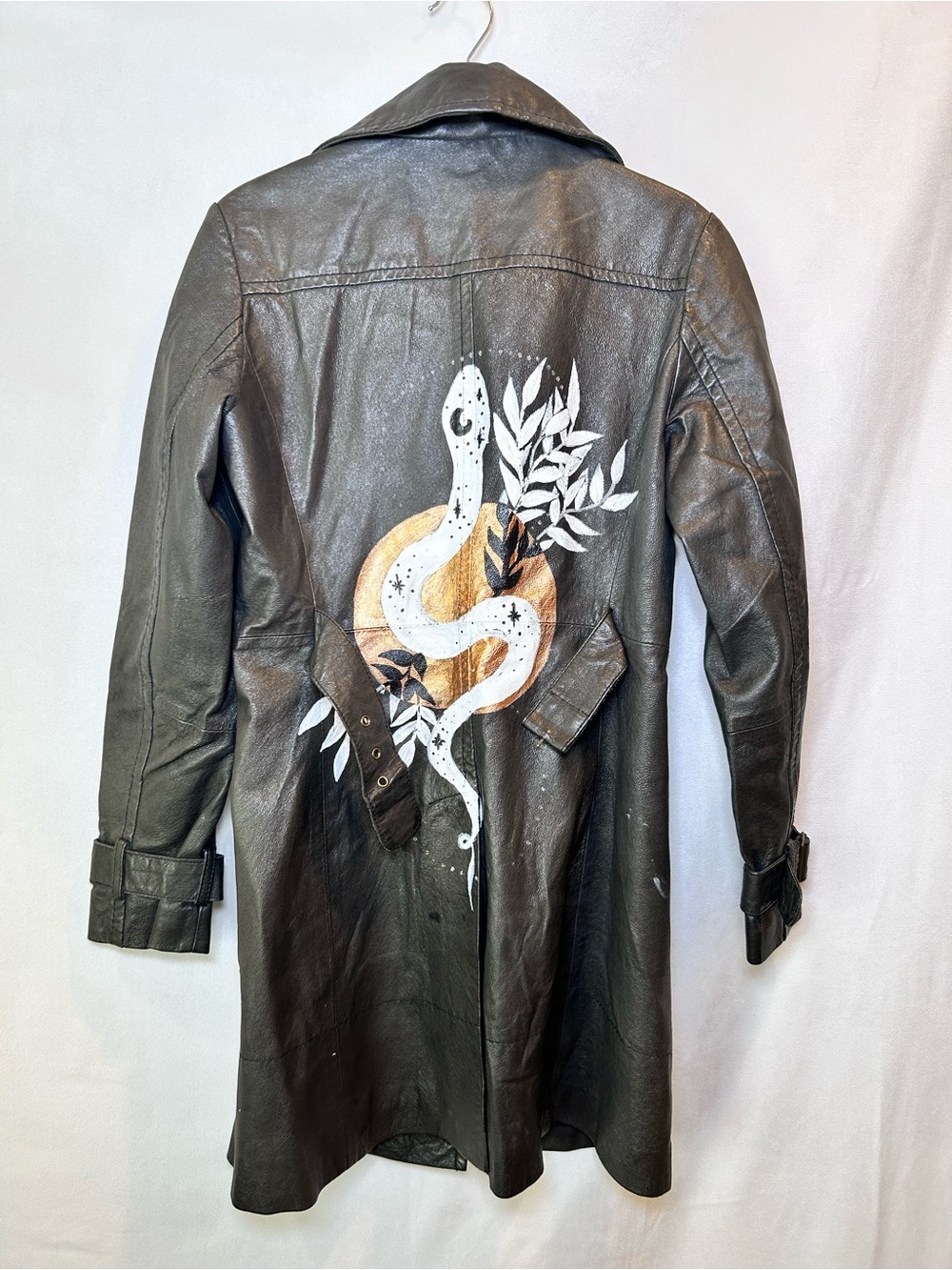 Y2K Le Château Black Leather Trench Coat Painted Back Graphic 90’s Grunge Size S